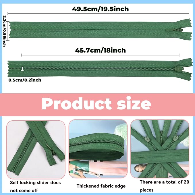 YAKA 20pcs Green Nylon Invisible Zippers Tailor Sewing Tools Garment - Image 2
