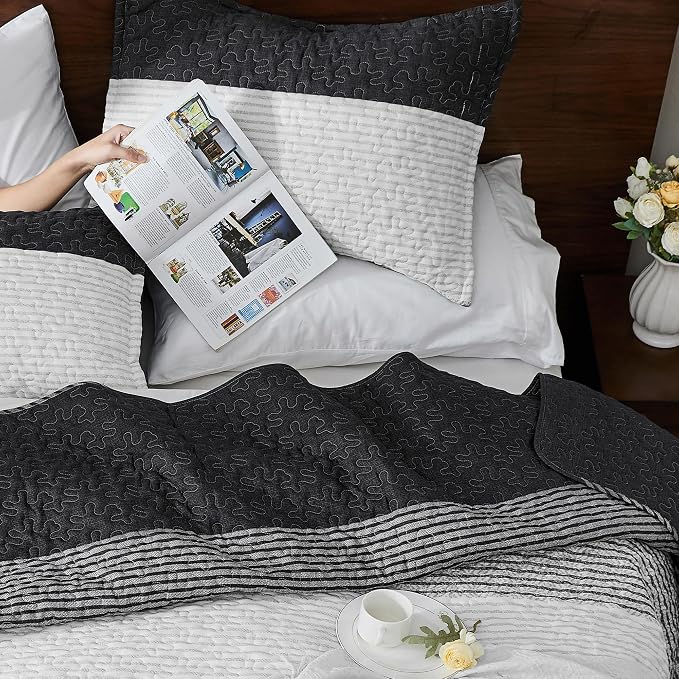 Andency Black Quilt Twin, 2 Pieces Black and White Patchwork Striped Bedspread - Image 4