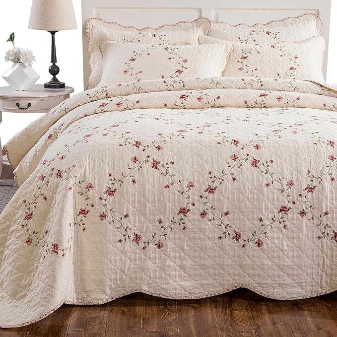 Quilt Set Floral Leaves 3D Embroidery Pattern 2 PCS Cotton Reversible Quilted by ROOMLIFE
