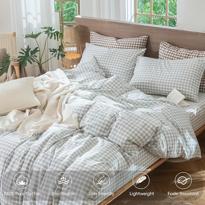MooMee Gingham Duvet Cover Set 100% Washed Cotton Linen Like Textured - Image 3