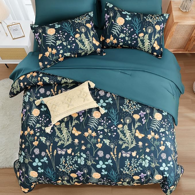 Yiran Comforter Set Queen Size, 7 Piece Peacock Blue Floral Comforters - Image 3