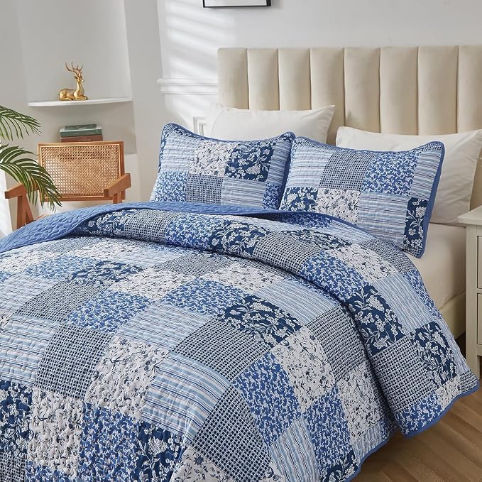 Mybedsoul Blue Quilt Set Twin Size, 2 Pieces Plaid Floral Bedspread Set - Image 2