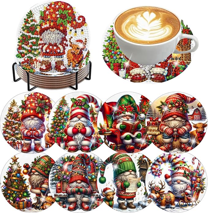 8 Pack Diamond Art Coasters, Christmas Gnome Diamond Painting Coasters Kits | by Zythron