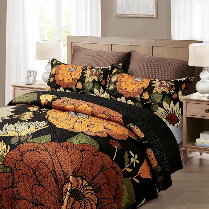 Tyrot 3 Piece Black Boho Floral Full/Queen Quilt Sets Reversible Farmhouse - Image 2