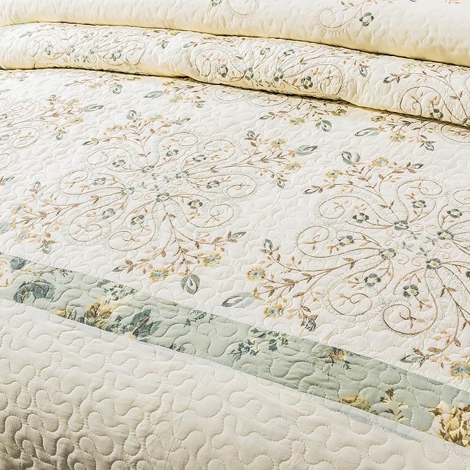 ROOMLIFE Quilt Set Full/Queen Size 3D Floral Embroidery Pattern 3-Piece Cotton - Image 6