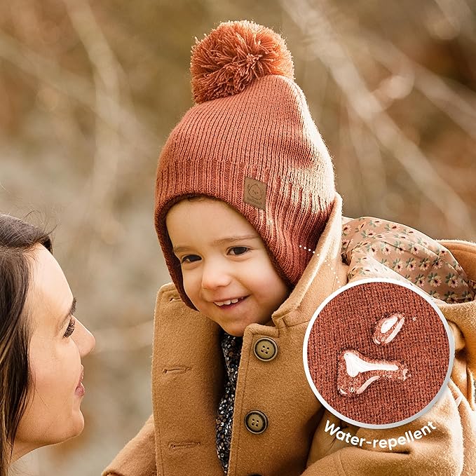 Baby Beanies, Baby Hats for Boys, Girls - Cute Toddler Winter Hat, Soft & Stretchy Beanies for Infant, Newborn 6-36 months, Cozy & Warm with Earflap Muff & Pom (Dune)