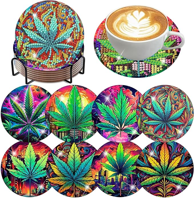 8 PCS Leaves Diamond Art Coasters Kits Diamond Painting Coaster | Diamond by Benjenes