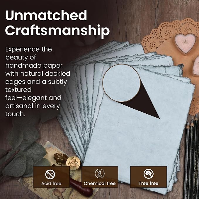 LEATHER VILLAGE Grey Deckled Edge Handmade Watercolor Paper 6x8 | 50 Sheets of - Image 3