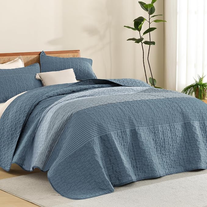 Litanika Oversized King Quilt Set Blue Linen, 128x120 Stripe Bedspread Coverlet by Litanika