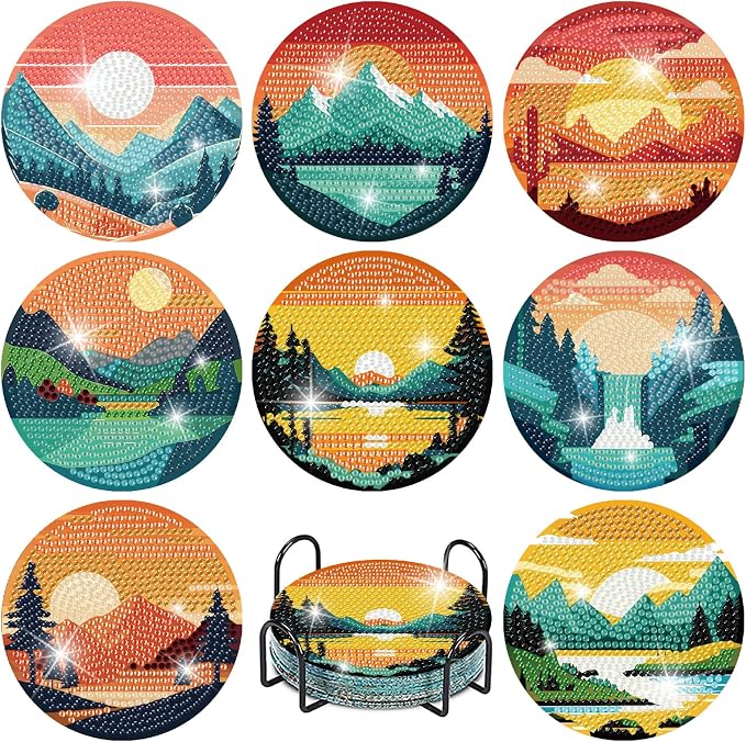 Clendo 8 Pcs Landscape Diamond Art Coasters Kit by Clendo