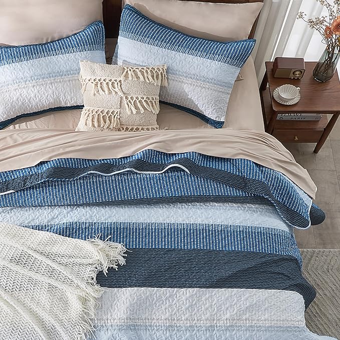 Andency Navy Blue Striped Quilt Queen, 3 Pieces Patchwork Bedspread Coverlet Set - Image 6