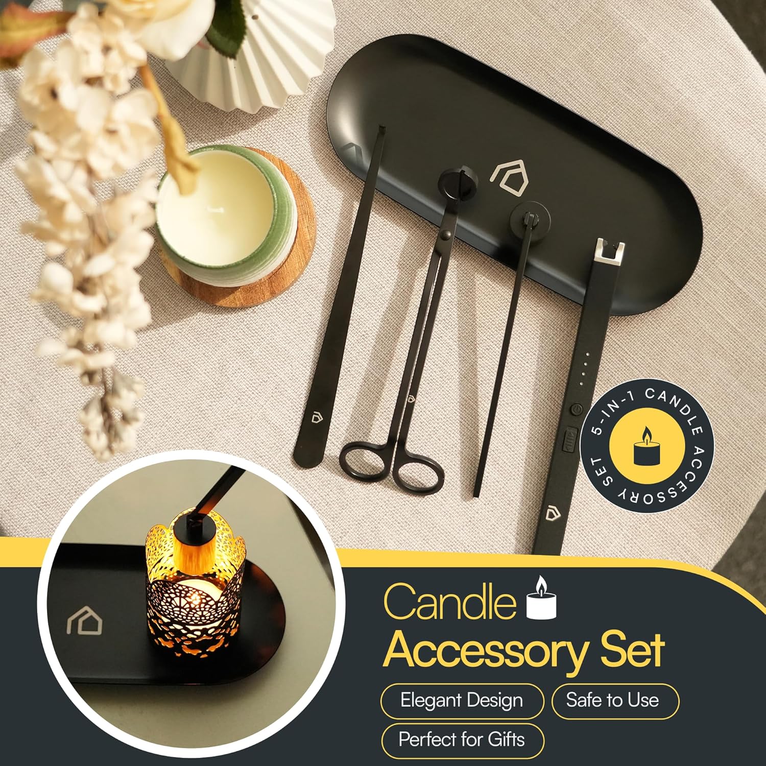 Candle Accessory Set 5 in 1 Candle Care Kit with Wick Trimmer, Dipper, Snuffer, Rechargeable Candle Lighter & Metal Tray – Luxury Gift Box for Candle Lovers (Matte Black)