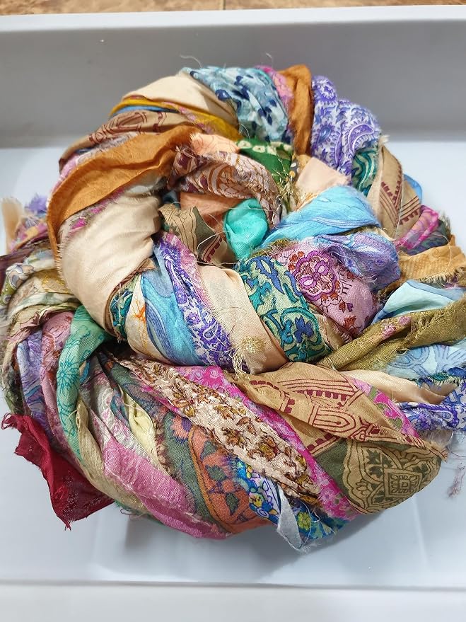 50 Strips Muted Dull 21 Yards Pure Silk Sari Yarns Random Colors Ribbon by VintageFabricsCrafts