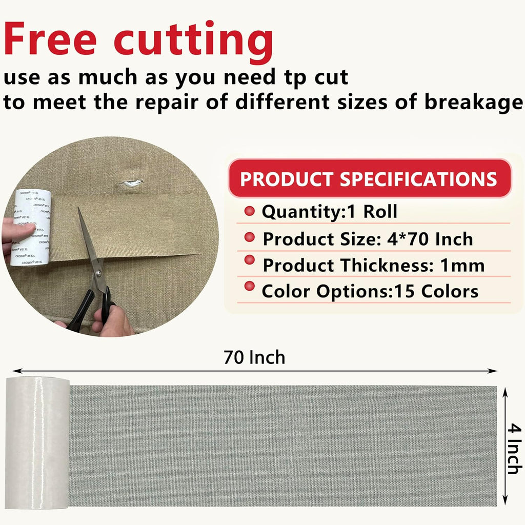 Linen Repair Tape 4x70 Inch Self-Adhesive Couch Patch Repair Fabric Patch for Furniture,Sofas,Cushion,Chairs,Bags,Linen Goods(Light Grey)