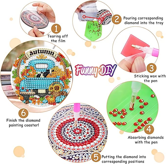 8 Pack Diamond Art Coasters, Autumn Truck Diamond Painting Coasters Kits | Fall - Image 3