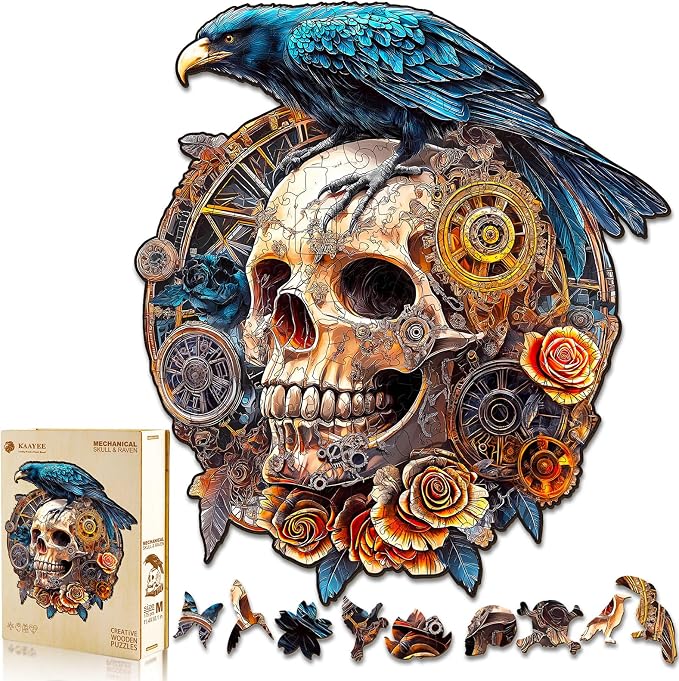 KAAYEE Wooden Puzzles for Adults, 3D Visual Effect Raven & Mechanical Skull by KAAYEEDirect