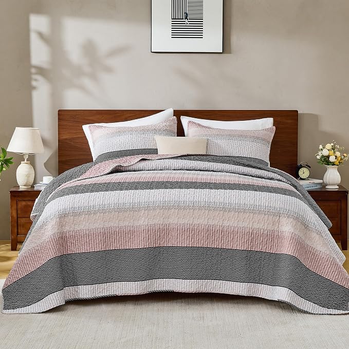Andency Queen Quilt Bedding Set Grey Pink, 3 Pieces Patchwork Summer Striped - Image 7