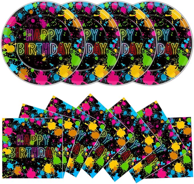 48Pcs Neon Glow in the Dark Paper Plates and Napkins Neon Birthday Party by Qyeahkj
