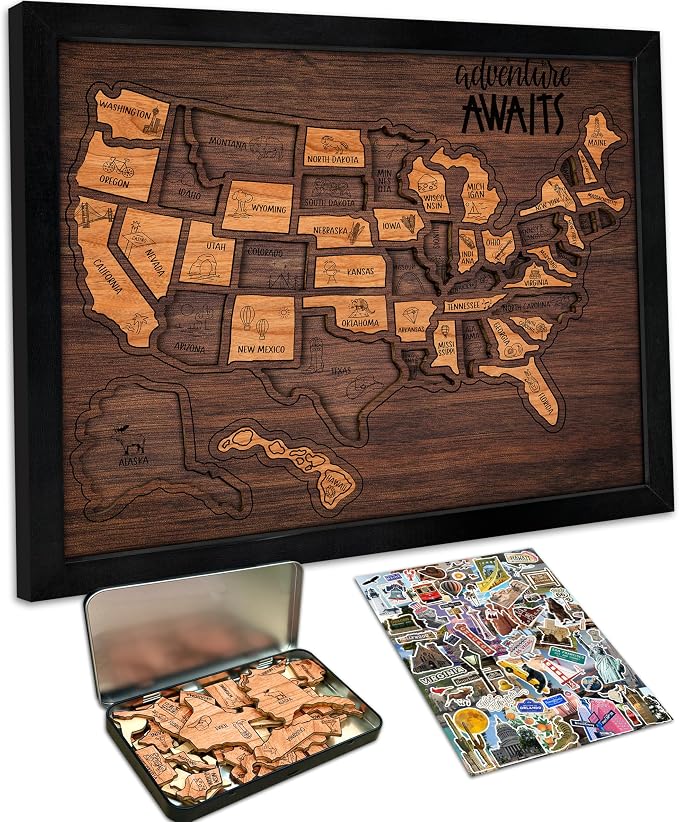 flinelife USA Landmarks Travel Map, Wooden USA Map Puzzle by flinelife