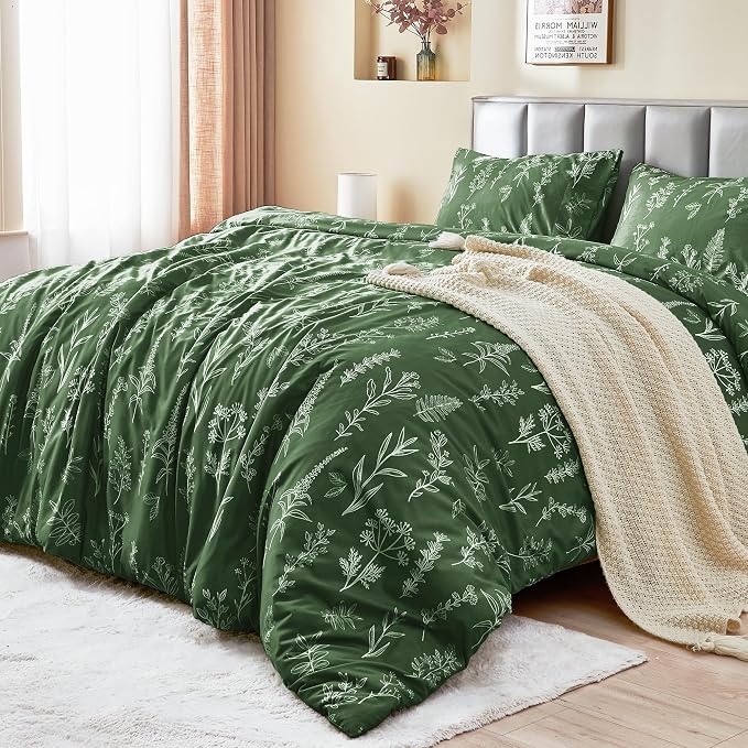 MUXHOMO Duvet Cover Queen Size, Reversible Floral Dark Green Duvet Cover Set - Image 2