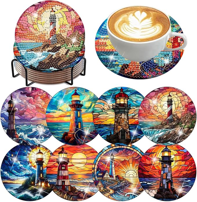 8 PCS Diamond Art Coasters Kits Lighthouse Diamond Painting Coaster | Diamond by Benjenes