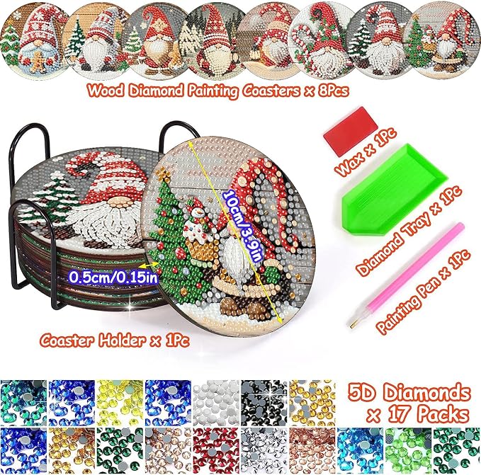 Clendo 8 PCS Christmas Gnome Diamond Art Coaster Kits - Image 3