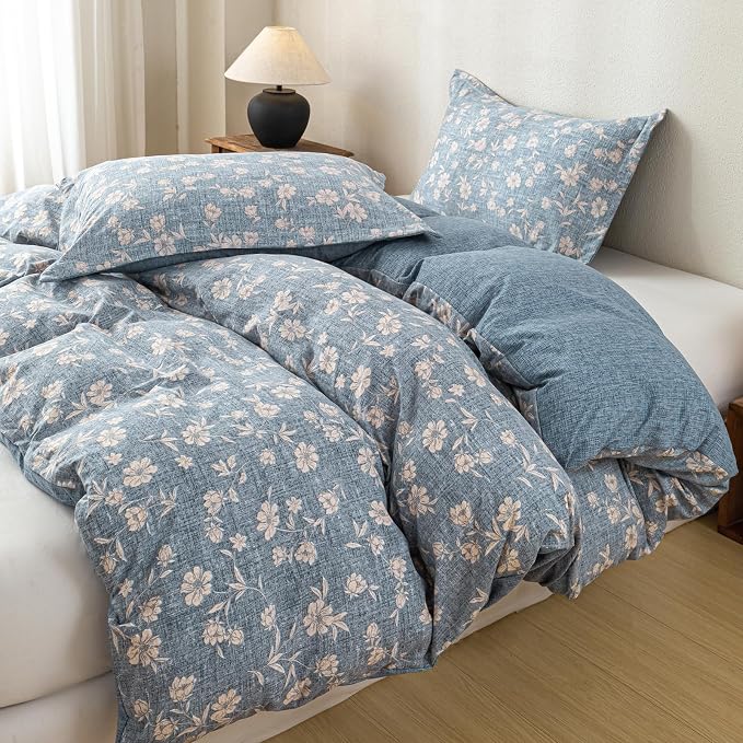 OAITE Blue Flower Twin Size Duvet Cover-3 Pieces Prewashed Cotton-Like - Image 2