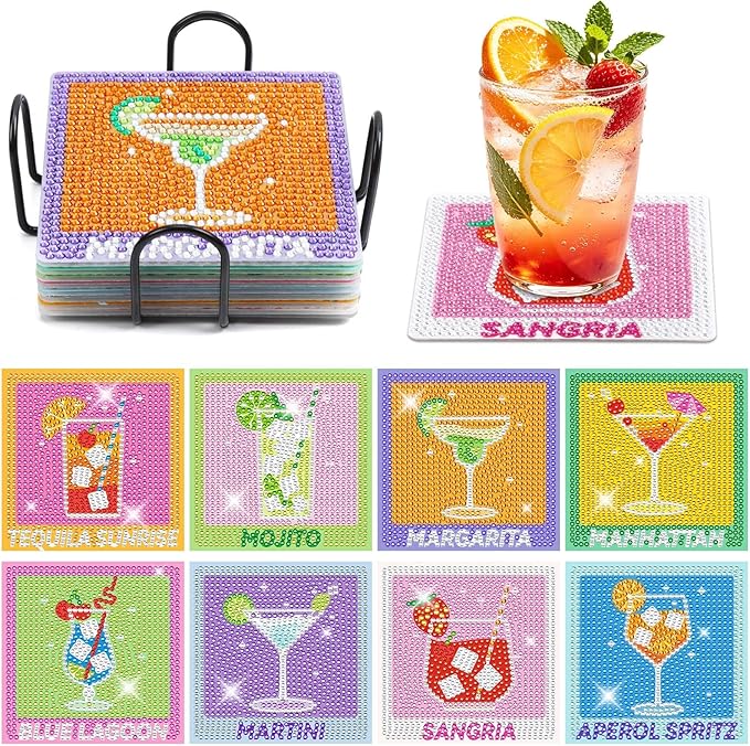 UPINS 8Pcs Cocktail Diamond Art Coasters, Summer Beach Diamond Art Coasters by UPINS