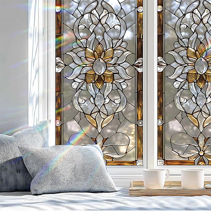 Stained Glass Window Privacy Film: Non-Adhesive Sun and Landscape Mosaic Design - Image 4