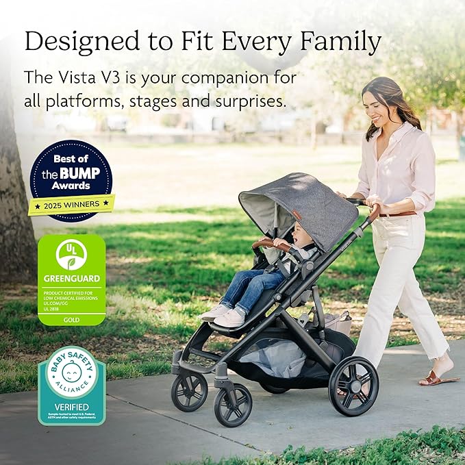 UPPAbaby Vista V3 Stroller - Full-Size Single-to-Double Stroller System - Toddler Seat, Bug Shield, Rain Shield, and Storage Bag Included - Declan (Oat Mélange/Silver Frame/Chestnut Leather)