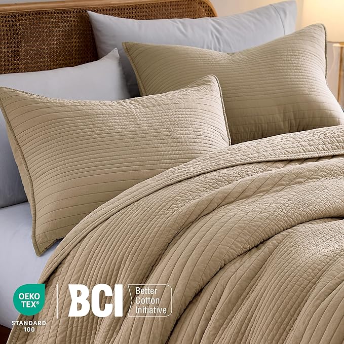 PALASSIO Striped Dark Beige 100% Cotton Quilt California Cal King Size Bedding - Image 3
