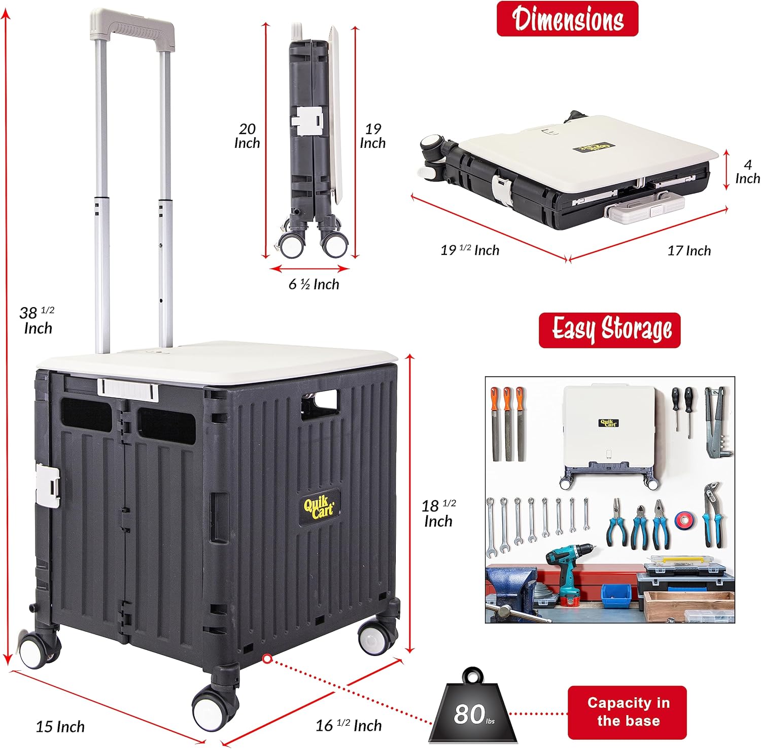 dbest products Quik Cart Swing Lid Four Swivel Wheeled Rolling Crate Teacher Utility with seat Heavy Duty Collapsible Basket with Dual Telescopic Wagon Handle