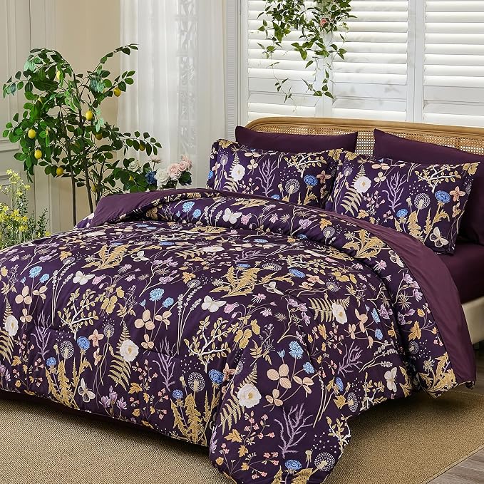 Yiran Purple Floral Comforter Set King Size, 7 Piece Botanical Comforter - Image 2