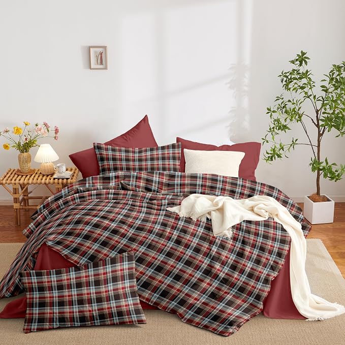 Nayoroom Plaid Duvet Cover Queen Size Vintage Red Brown Gingham Checkered - Image 4