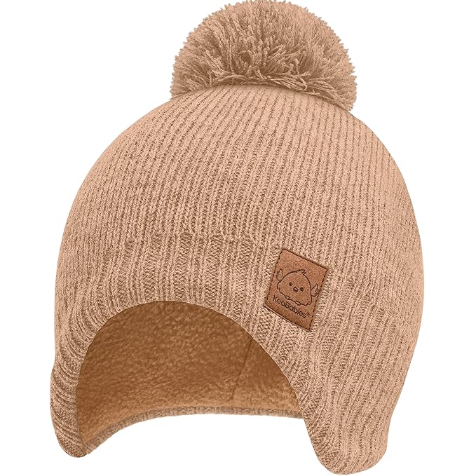 Baby Beanies, Baby Hats for Boys, Girls - Cute Toddler Winter Hat, Soft & Stretchy Beanies for Infant, Newborn 6-36 months, Cozy & Warm with Earflap Muff & Pom (Dune)