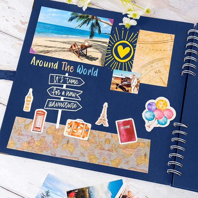 Bstorify Square Scrapbook Photo Albums 80 Pages Blue Thick Paper, Ribbon Closure - Image 5