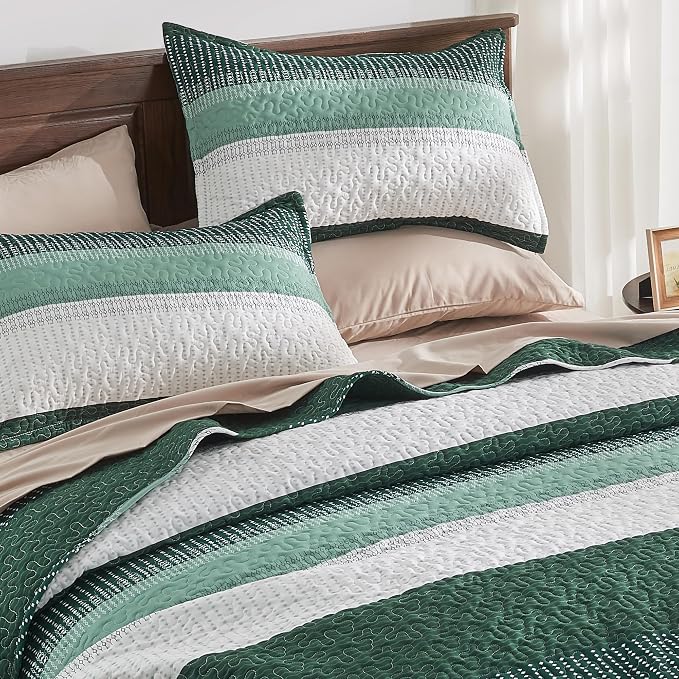 Andency Emerald Green Quilt King, 3 Pieces Patchwork Striped Bedspread Coverlet - Image 3