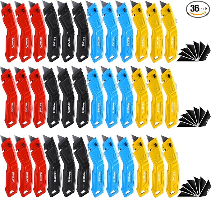 REXBETI 36 Pack Utility Knife Retractable Box Cutter, 4 Color Heavy Duty by REXBETI