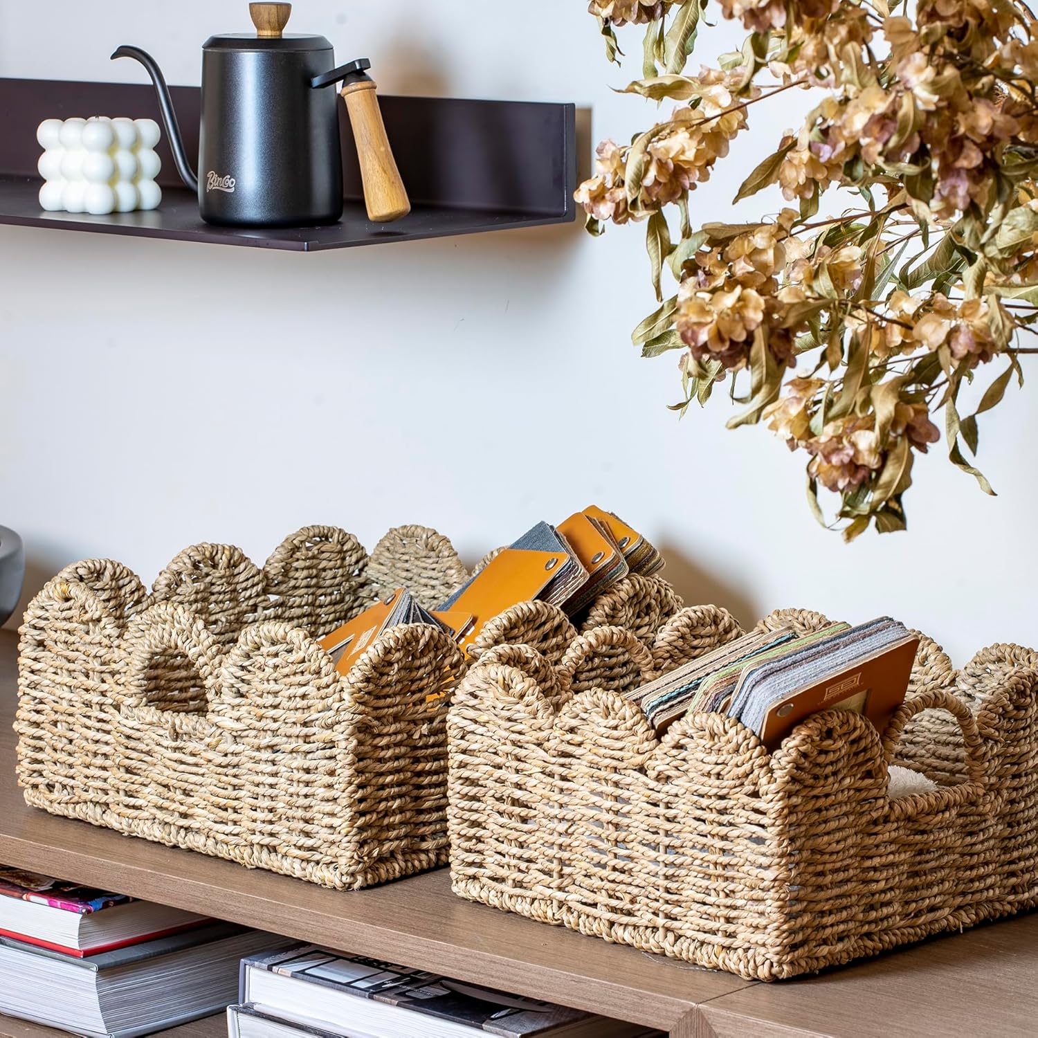 Scalloped Basket 2 Pack Wicker & Rattan Storage with Built-in Handles, Decorative Woven Seagrass Basket for Nursery & Bathroom Organization