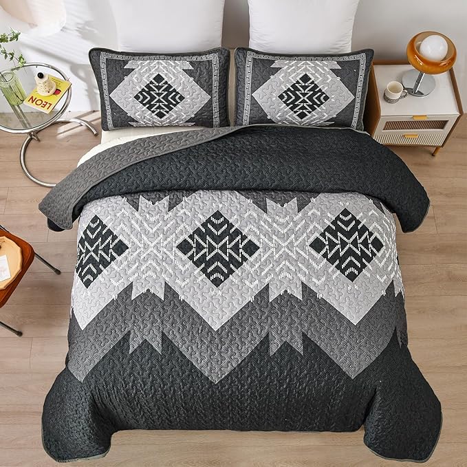 Dintszyayue Black Quilt Set Boho King Size, 3 Piece Aztec Texture Bedspread - Image 2