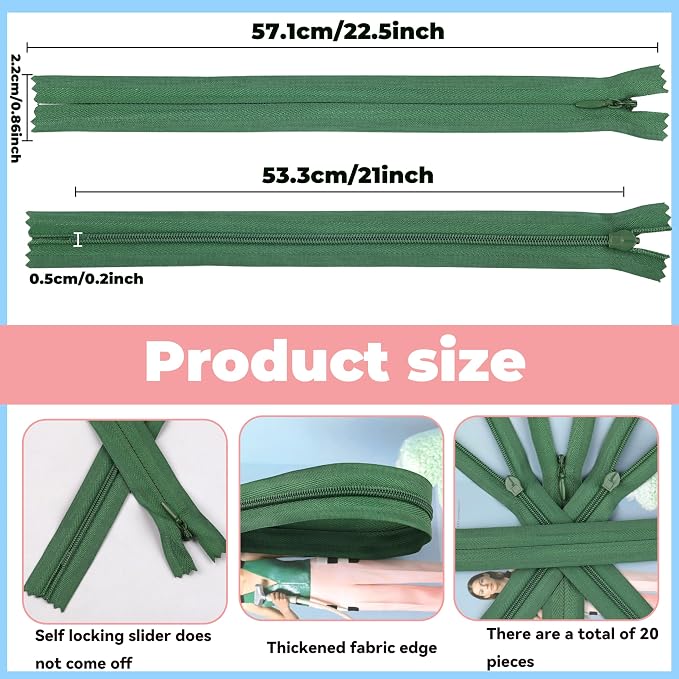 YAKA 20pcs Green Nylon Invisible Zippers Tailor Sewing Tools Garment - Image 2