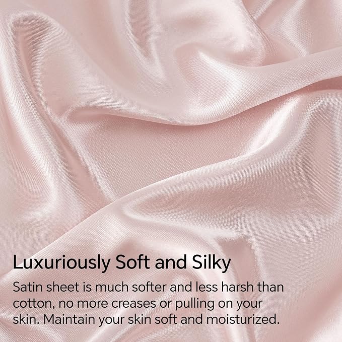 BEDELITE King Size Sheets Set, Luxury Soft Pink Satin Sheets - Image 3