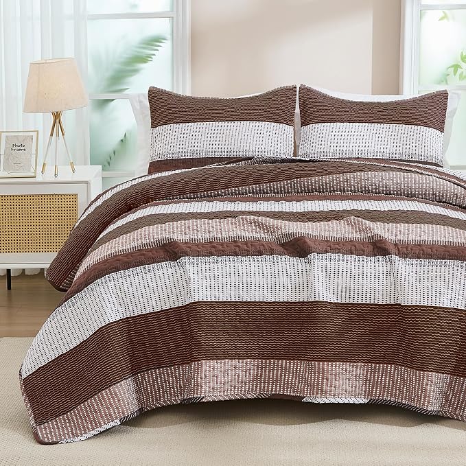 Andency Queen Quilt Bedding Set Brown, 3 Pieces Patchwork Coffee Striped Ultra by Andency