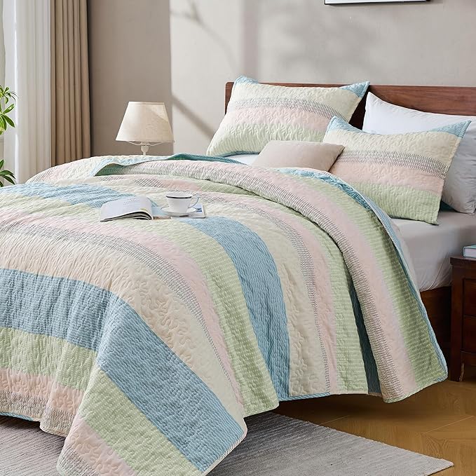 Andency California King Quilt Set Blue Pink, 3 Pieces Ultra Soft Lightweight by Andency
