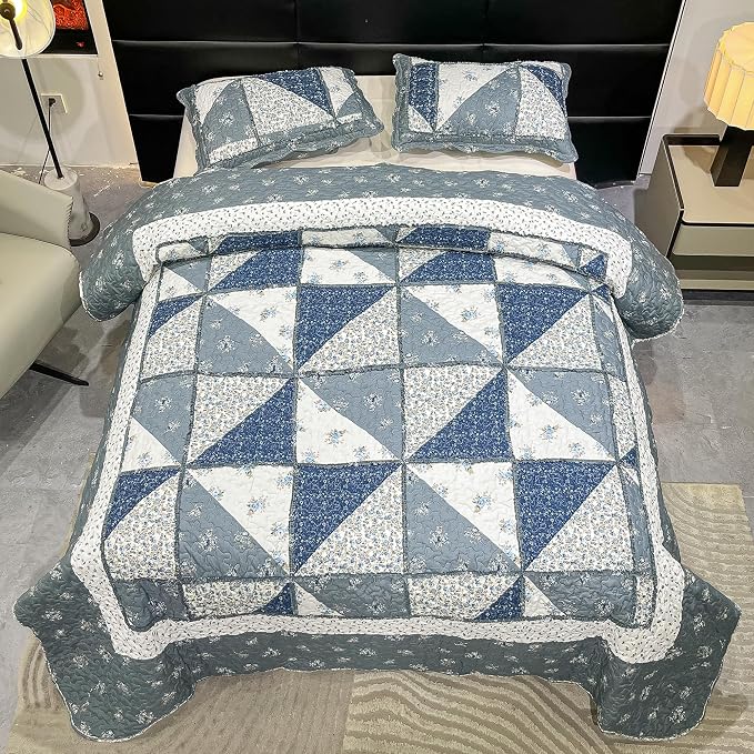Patchwork Quilt Set King Size Quilted Bedspread Coverlet Set 3-Piece Grey - Image 4