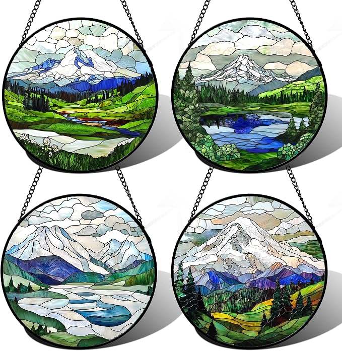 DASTOLL Stained Glass Window Hanging 4 Pcs Set Mountains Lake Green White by DASTOLL