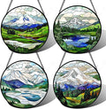 DASTOLL Stained Glass Window Hanging 4 Pcs Set Mountains Lake Green White by DASTOLL