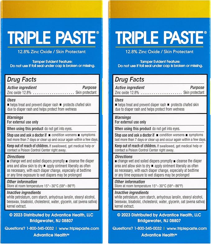 Triple Paste Diaper Rash Cream for Baby - 3 oz Tube - Zinc Oxide Ointment Treats, Soothes and Prevents Diaper Rash - Hypoallergenic Formula with Soothing Botanicals (Pack of 2)