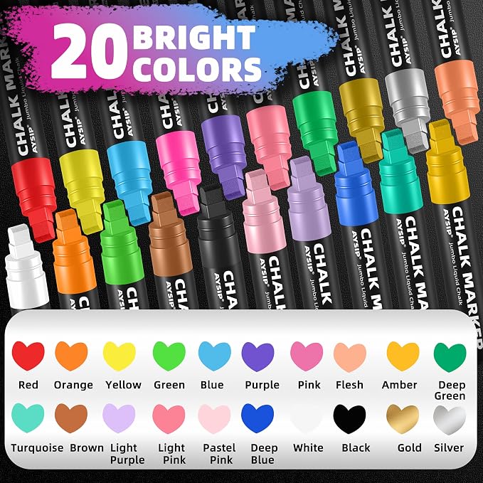 Window Chalk Markers for Blackboard，20 Colors Washable Glass Jumbo Liquid Chalk - Image 3