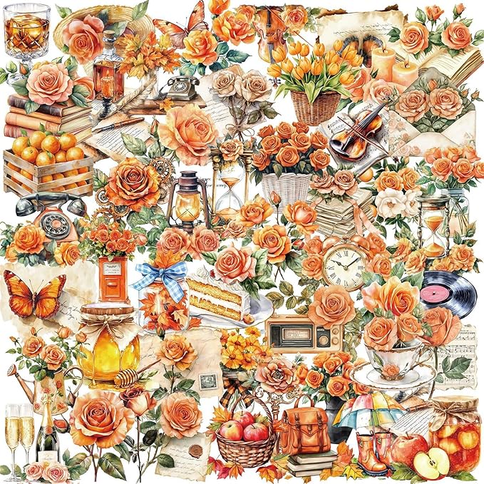 50 Pieces Vintage Orange Rose Floral Transparent Stickers by Unknown
